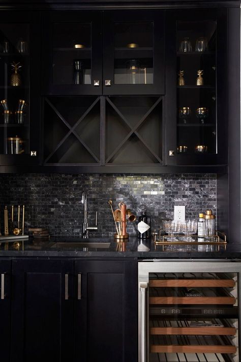 Black Bar Room Ideas, Black Bar Countertop, Black Cabinet Basement Bar, Moody Dry Bar, Black Basement Bar, Moody Home Bar, Moody Bar Design, Black Bar Design, Black Wet Bar