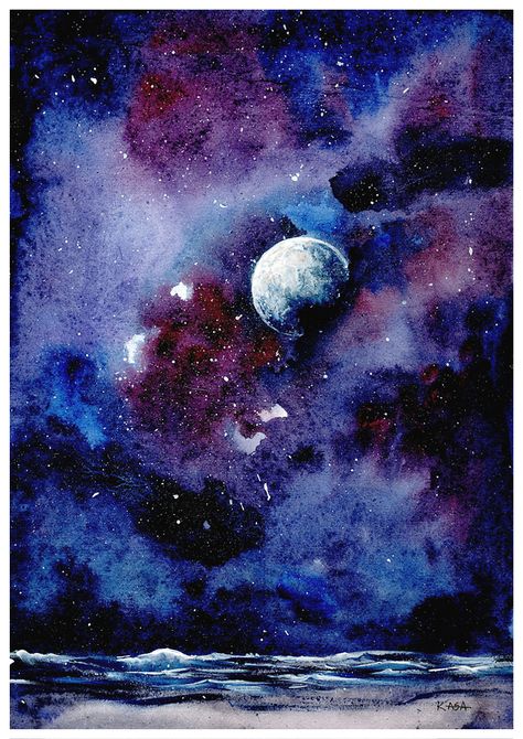 "Moon" is a watercolour painting series, where I picture our planet's companion, the Moon or some other unknown and abstract planets in the starry night sky or between picturesque clouds. You can s... Watercolor Night Sky, Planet Painting, Painting Landscapes, Underwater Painting, Night Sky Painting, Painting Bedroom, Colors Painting, Painting Summer, Painting Decoration