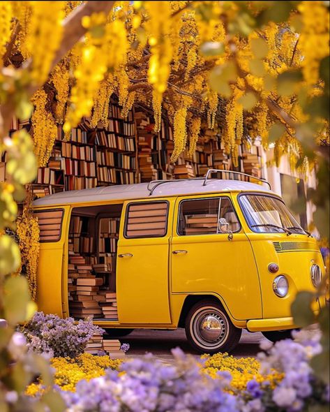 Yellow Book Aesthetic, Book Van, Attractive Wallpapers, Vintage Vw Bus, Castle Aesthetic, Library Aesthetic, Iphone Wallpaper Fall, Book Cafe, Cute Galaxy Wallpaper