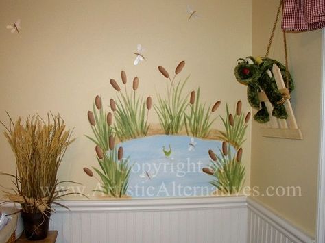 Cattails and Pond for nursery | Slugs and snails And puppy-dogs ... Pond Nursery Theme, Ducky Nursery, Pond Nursery, Daycare Room Ideas, Frog Nursery, Grandkids Room, Bathroom Mural, 1st House, Pond Painting