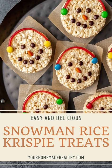 Add some holiday cheer to your winter parties this year with these no-bake Snowman Rice Krispie Treats! They're the perfect winter dessert to bring to school events, gift exchanges, and a kid-friendly snow day activity. All you need is 6 simple ingredients, plus candies for decorating. Carrot And Sweet Potato Soup, Carrot And Sweet Potato, Christmas Food Crafts, Kids Food Crafts, Winter Snack, Winter Dessert, Winter Baking, Winter Cooking, Winter Treats