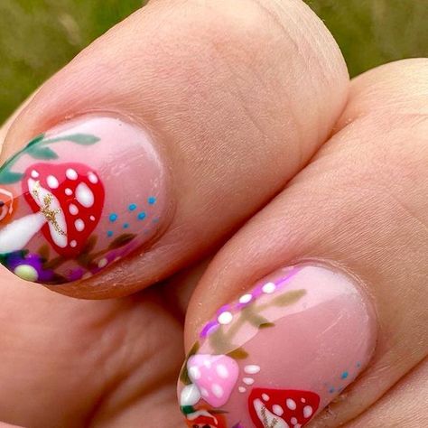 𝐙𝐎𝐄 (Truro, Cornwall) on Instagram: "Toadstools n wild flowers 💐🍄 love a client pic! 🤩" Toadstool Nail Art, Toadstool Nails, Indie Nail Art, Toadstool Tattoo, Wild Flower Nails, Mushrooms Nails, Cottagecore Nails, Wild Nails, Mushroom Nails