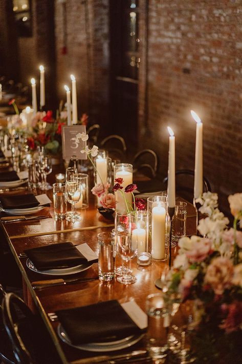 Modern Jewel Tone City Wedding | @dearseptemberevents Candle Reception Decor, Dear September, Jewel Tone Wedding Theme, Wedding Reception Candles, Candles Reception, September Events, Candle Table Centerpieces, Flowers And Candles, Elegant Wedding Themes