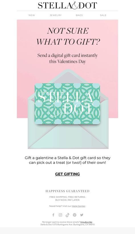 An awesome Gift cards email example from Stella & Dot. View 100+ more email templates and examples and get inspiration for your next email design with MailCharts! #EmailDesign #EmailMarketing #EmailInspiration #GiftCardsEmail Gift Card Email Design, Salon Gift Card, Email Examples, Email Marketing Campaign, Marketing Campaign, Digital Gift Card, Email Design, Email Templates, Stella And Dot