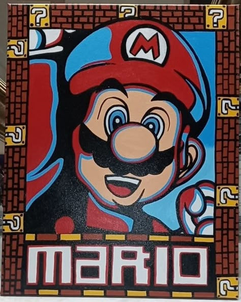 Painting Ideas Of Cartoons, Trippy Mario Painting, Mario Art Painting, Gaming Painting Ideas, Painting Cartoon Ideas, Painting Ideas Characters, Mario Painting Canvases, Paintings For Grandma, Mario Canvas Painting