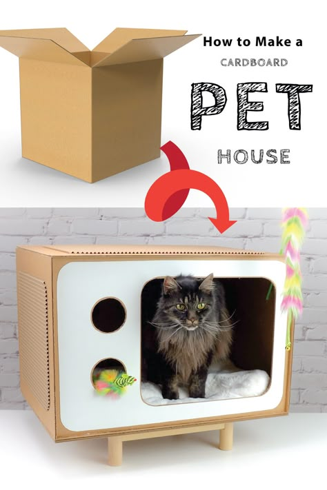 Cardboard Pet House, Diy Cardboard House, Cardboard Dog, Cat House Diy Cardboard, House From Cardboard, Diy Bunny Toys, Diy Cat Tent, Diy Cat Bed, Cardboard Cat House