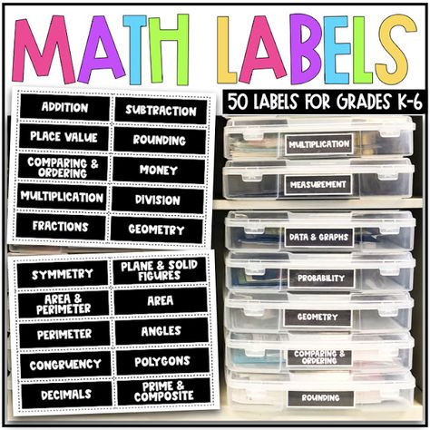 Math Organization Math Labels, Geometry Angles, Plane Figures, Teaching 6th Grade, Teacher Board, Bin Labels, Math Organization, Area And Perimeter, Math Materials