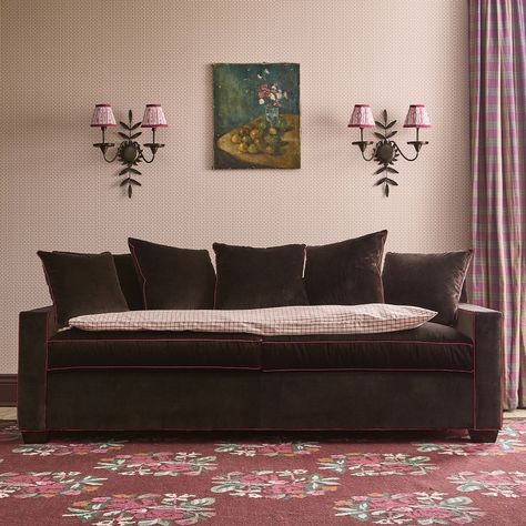 Hadley Upholstered Chocolate Velvet & Pink Piped Sofa | Greenrow Sofa Topper, Plaid Sofa, Luxurious Chocolate, Cozy Love, Restful Bedrooms, Showroom Ideas, La House, Velvet Pink, Brown Couch