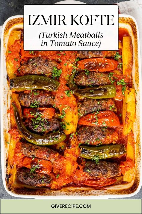 Make Izmir Kofte at home! This tasty Turkish meatball dish is packed with flavors and perfect for family meals. Meatballs And Potatoes, Beef Kofta Recipe, Meatball Dish, Turkish Meatballs, Turkish Dishes, Fajita Mix, Meatball Dishes, Crunch Wrap, Mince Recipes