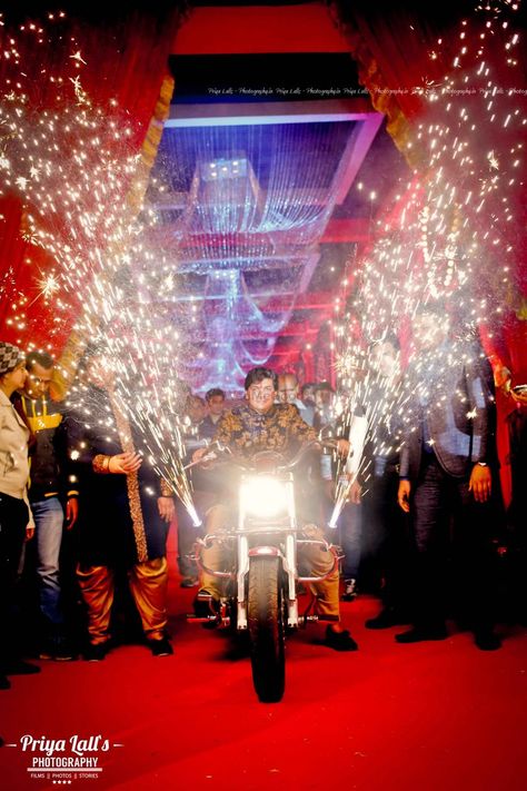 Photo of Groom Entering on Bike with Cold Pyros Wedding Entry, Groom Entry, Bike Wedding, Lehenga Jewellery, Wedding Decor Style, Wedding Register, Plan Planner, Bridal Photos, Popular Wedding