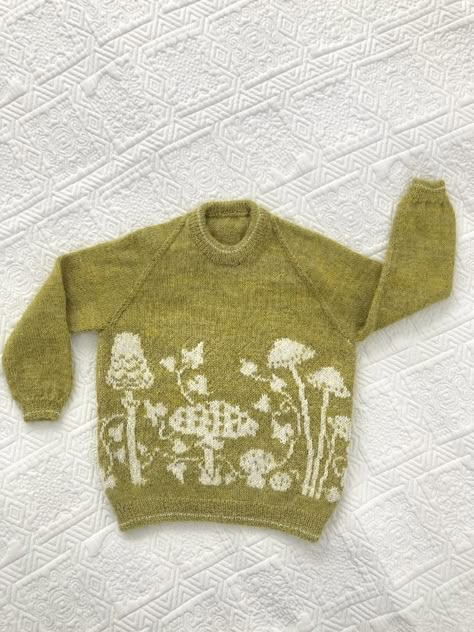 Toadstool Time Sweater Knitting pattern by Mrs Rose Designs Knit Snuggie Pattern, Handknit Sweaters Pattern, Cottage Core Knitting Patterns, Whimsical Knitting Patterns, Mushroom Sweater Pattern, Autumn Knitting Patterns, Kids Knitted Sweaters, Christmas Jumper Knitting Pattern, Trendy Knitting Patterns