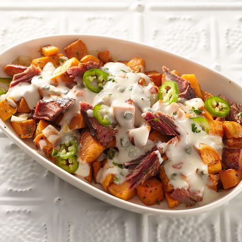 Restaurant Menu Ideas, Con Queso Dip, Recipes Restaurant, Potato Hash, Queso Dip, Sweet Potato Hash, Beef Brisket, Menu Ideas, Sweet Potato Recipes