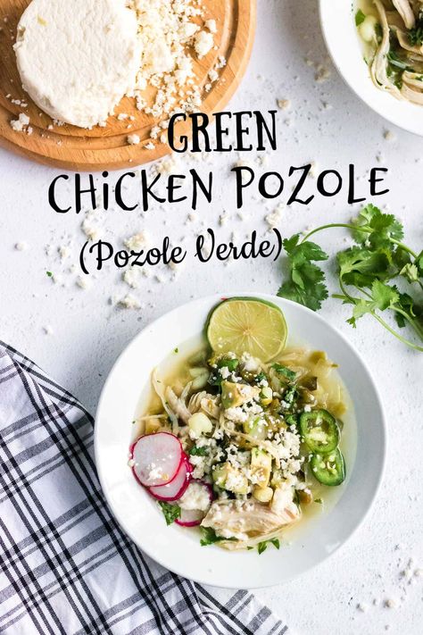 Crockpot Pozole Verde (Slow Cooker Mexican Chicken) - Restless Chipotle Pazole Soup Chicken Easy, Crockpot Pozole, Green Chicken Pozole, Chicken Pozole Verde Recipe, Pazole Recipe, Easy Pozole Recipe, Chicken Pozole Verde, Posole Recipe Chicken, Chicken Pozole Recipe