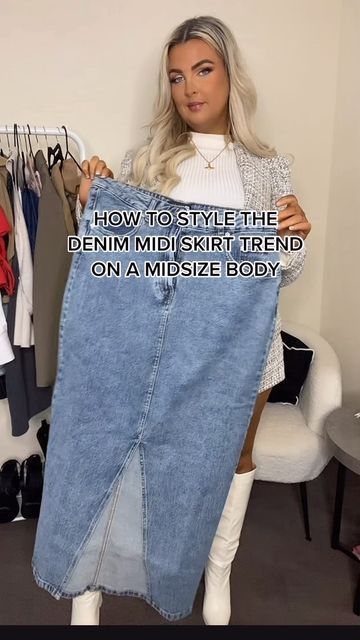 Plus Size Outfits Denim Skirt, Denim Midi Skirt Outfit Midsize, Jean Skirt Outfit Plus Size, Mid Size Denim Skirt Outfit, Denim Skirt Trends 2023, Long Denim Skirt Plus Size, Long Denim Skirt Outfit Midsize, Denim Skirt 2023 Trend, Long Jean Skirt Outfits Fall 2023