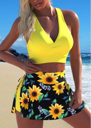 Rotita.com - USD $34.98 Beach Bridesmaid Dresses, Plus Size Swim, Plaid Outfits, Bra Style, Black Swimwear, Swim Suits, Yellow Sunflower, Sunflower Print, Swimwear Cover Ups