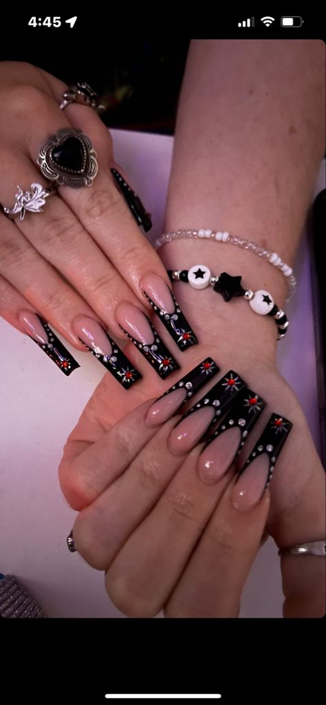 Black French Tip With Red Rhinestones, Black Silver Red Nails, Red And Black Nails Coffin, Black Rhinestone Nail Designs, Black Red And Silver Nails, Black And Silver Birthday Nails, Black Nails With Red Rhinestones, Red And Black French Tip Nails, Red Black And Silver Nails