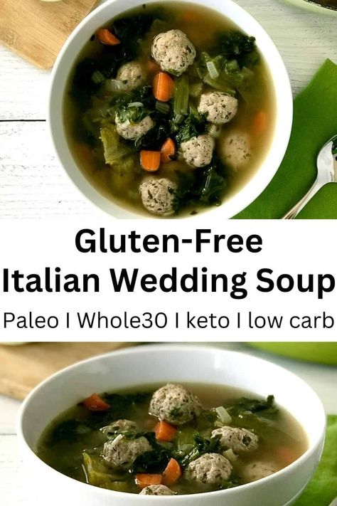 This Paleo and Whole30 Italian Wedding Soup is full of juicy meatballs and tender veggies for a cozy, satisfying dinner! It's just like the classic recipe but made gluten-free, dairy-free, low carb and keto friendly. It's easy to make and there's so many ways to customize it. Plus it's great for meal prep - the leftovers reheat perfectly! Gluten Free Italian Wedding Soup, Juicy Meatballs, Soup Paleo, Free Guy, Gluten Free Meatballs, Dairy Free Soup, Whole30 Dinners, Wedding Soup, Lchf Recipes