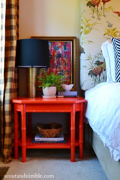 Eclectic Bedside Table, Interesting Bedside Tables, Lacquer Furniture, Eclectic House, Eclectic Bedroom, Red Table, Redo Furniture, Beautiful Bedrooms, Eclectic Decor