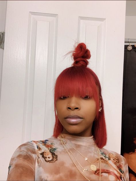 Red Swoop Ponytail Weave, Red Swoop Ponytail, Ginger Ponytail, Red Hair Ponytail, Swoop Ponytail, Black Girls Red Hair, Ponytail With Bangs, Black Hair Tips, Colored Hairstyles