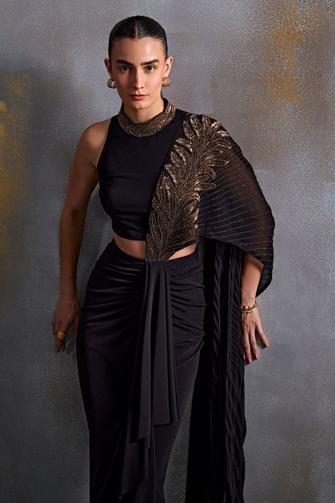 Buy Black Jersey Embellished Cordelia Draped Concept Saree With Blouse For Women by Namrata Joshipura Online at Aza Fashions. Draped Sarees Indo Western, Suit With Skirt For Women, Dresses For Cocktail Party Indian, Cocktail Indian Outfits For Women, Black Drape Skirt Outfit, Aza Fashion Outfits 2024 Indo Western, Party Crop Tops Night Out, Namrata Joshipura, Black Drape Saree