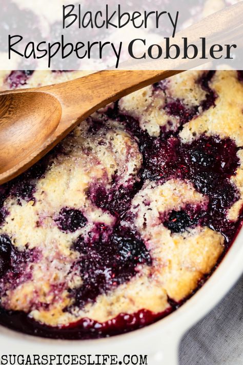 Blackberries and raspberries sweetened with a bit of sugar, then baked with a delicious, biscuit-like crust. This Blackberry Raspberry Cobbler is a quick and easy dessert that is sure to impress! #sugarspiceslife #cobbler #blackberry #raspberry #pie #fruit #dessert #cookout #summer #fall #easydessert #easyrecipe #berrycobbler Raspberry Cobbler Recipe, Raspberry Cobbler, Cookout Desserts, Blackberry Dessert, Key Lime Desserts, Raspberry Desserts, Blackberry Recipes, Raspberry Pie, Raspberry Recipes