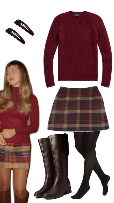 #plaid #skirt #boots #barrettes #sweater #red #fall Red Plaid Skirt Outfit, Red Sweater Outfit, Smart Casual Work Outfit Women, Plaid Skirt Outfit, Skirt Boots, Red Plaid Skirt, Winter Skirt Outfit, Red Fall, Plaid Outfits