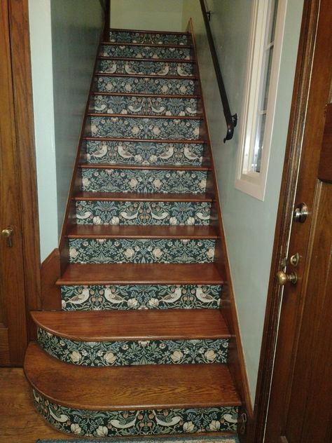 Wallpaper Stair Treads, William Morris Interior Design, Art Nouveau Movement, William Morris Living Room, Arts And Crafts Movement Interior, Wainscoting With Wallpaper, Homey Aesthetics, Stair Wallpaper, Decorated Stairs