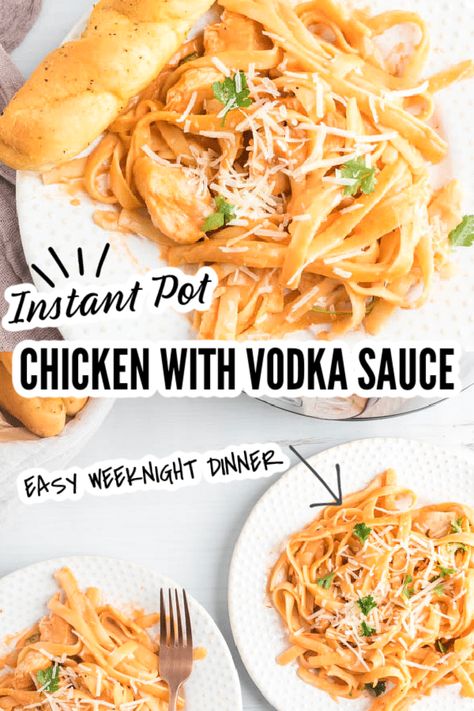 Whip up this Instant Pot Chicken with Vodka Sauce Pasta for dinner tonight. Creamy vodka pasta sauce paired with chicken and fettuccine. This chicken pasta vodka sauce is great for your family or entertaining guests. #instantpot #pressurecooker #instapot #chicken #pasta #fettuccine #vodka #vodkasauce #easy #dinner #bonelesschicken Crockpot Vodka Sauce Chicken, Vodka Sauce Recipe Dinners Chicken, Instant Pot Vodka Pasta, Chicken And Vodka Sauce Recipes, Vodka Sauce Pasta With Chicken, Chicken With Vodka Sauce, Chicken Vodka Sauce, Creamy Vodka Pasta, Pasta Vodka Sauce