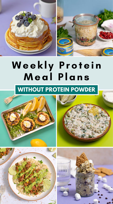 An arrangement of food photographed on bright colored tables. 20-30 Grams Of Protein Meals, 130g Protein Meal Plan, 100g Of Protein A Day, High Protein Meal Plans, 100g Of Protein, 100 Grams Of Protein, Food Meal Plan, Fiber Recipes, High Protein Meal Plan