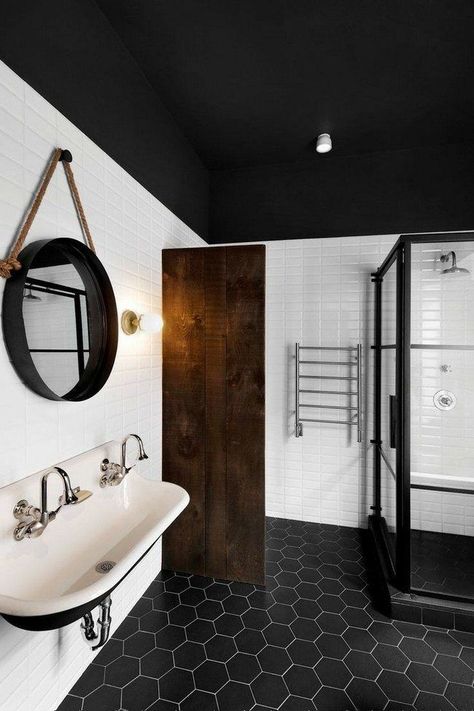 White Half Bathroom Ideas, White Half Bathroom, Black And White Half Bathroom, White Tile Bathroom Floor, Black Ceilings, Black Tile Bathroom Floor, Half Bathroom Ideas, Black Tile Bathrooms, Dark Ceiling