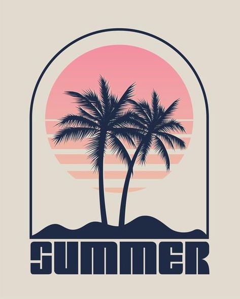 Summer time emblem or logo or label or t... | Premium Vector #Freepik #vector #poster #label #tree #beach Summer Logo Design Ideas, Beach Graphic Design Illustration, Summer Logo Design, Beach Graphic Design, Summer Graphic Design, Beach Digital Art, Summer Illustrations, Beach Graphics, Summer Graphics