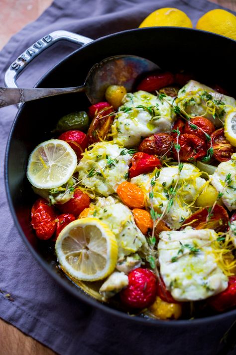 Baked haddock ( or any white fish) with roasted tomatoes , fennel, garlic, lemon and thyme. A healthy, easy one pot meal that can be made in about 35 minutes! www.feastingathome.com Baked Haddock Recipes, Baked Haddock, Haddock Recipes, Feasting At Home, Healthy One Pot Meals, Fennel Recipes, Roasted Fennel, Easy One Pot Meals, Healthy Fish