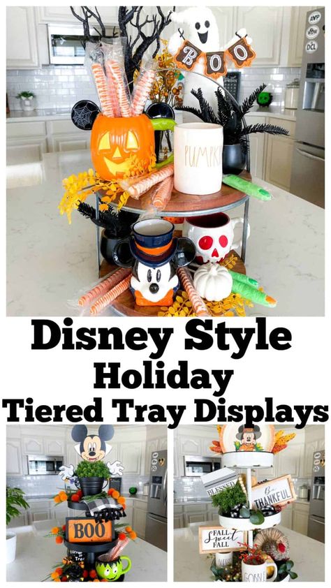 Holiday Tiered Tray Displays, Disney Style! - Picky Palate Mickey Tiered Tray Decor, Disney Tiered Tray Decor, Disney Halloween Diy, Disney Halloween Decorations, Fall Tiered Tray Decor, Mickey Pumpkin, Mickey Halloween, Disney Kitchen, Tiered Tray Diy