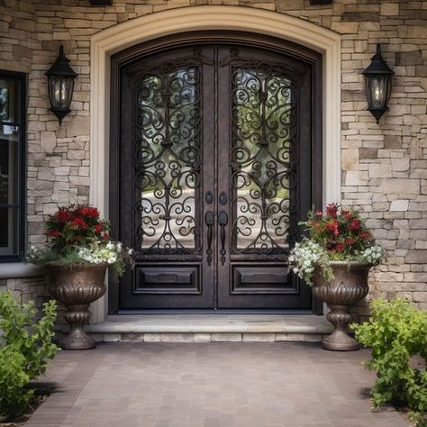 About Product: With a classic design of our GID Arch Top Rose Cooper Wrought Iron Front Double Door ED427. The elegant rose cooper finish adds a touch of luxury to any entrance while the sturdy wrought iron construction provides security and durability. Warmly welcome to upgrade your home with this door. GID Iron Entry Doors are all made of 12 gauge iron bars and double pane tempered glass. The iron doors are the perfect solution for a secure, elegant entryway. Crafted from durable iron with var Exterior Entryway Ideas Front Entrances Modern, Beautiful Entrances Entryway, Front Double Door Ideas, Mansion Door, Front Double Door, Exterior Entryway, Wrought Iron Entry Doors, Wrought Iron Front Door, Porch Entrance