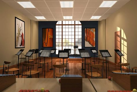 A new Music Center will include eight rooms for private lessons as well as performance/practice areas for a student orchestra and band, choral ensembles, and choirs. Learning to sing and keep rhythm develops coordination. A recent study from the University of California found that music trains the brain for higher forms of thinking. Second graders who were given music lessons scored 27% higher on proportional math and fractions tests than children who received no special instruction. University Music Room, Music Academy Interior Design, School Music Room Aesthetic, Choir Practice, Vocal Class Aesthetic, School Music Room, Music Room School, Band Practice Room, Music Classroom Aesthetic