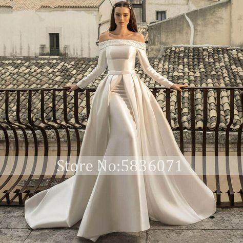 Satin Trumpet Wedding Dress, Wedding Dress Detachable Train, Embroidered Lace Wedding Dress, Boat Neck Wedding Dress, Detachable Train Wedding Dress, Detachable Wedding Dress, Wedding Gown Simple Elegant, Column Wedding Dress, Cheap Wedding Dresses Online