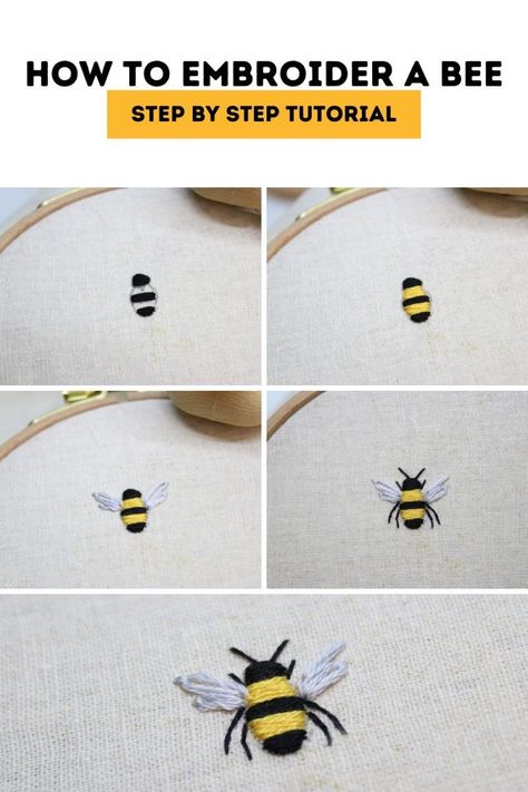 Embroidery Patterns Step By Step, Embroider Bee Pattern, Embroidery Bee Tutorials, Small Bee Embroidery Pattern, Embroidery 101 Tutorials, Hand Embroidery Bee Pattern, Cute Hand Embroidery Designs Simple, Embroidered Bee Tutorial, Honey Bee Embroidery Pattern