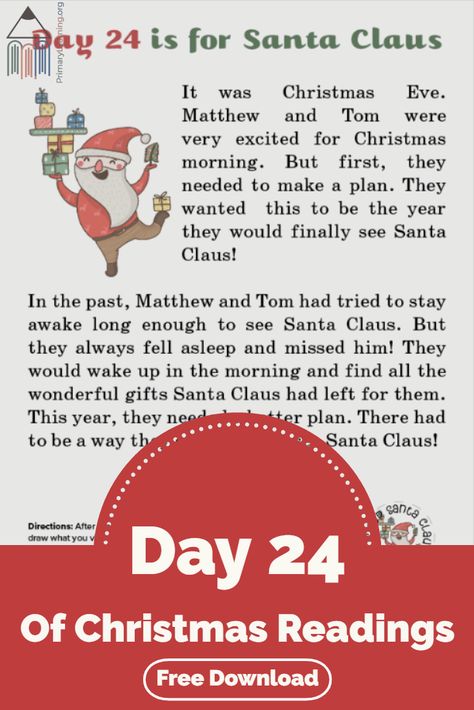 FREE PRINTABLE WORKSHEET  Day 24 of Christmas Readings In this Christmas story, kids read about Santa Claus and write the story ending! https://primarylearning.org/worksheet/day-24-of-christmas-readings/?utm_source=pinterest&utm_medium=social&utm_campaign=christmas_readings&utm_term=day_24  #25DaysOfChristmasReadings #reading #writing #worksheets Christmas Hidden Pictures, Christmas Readings, Christmas Stories For Kids, Santa Claus Story, Winter Worksheets, Story Kids, Free Homeschool Resources, Christmas Reading, Teacher Lessons