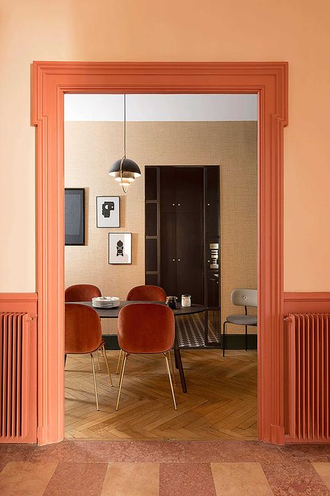 France Apartment, 2021 Home Decor Trends, Colour Combinations Interior, Velvet Dining Room Chairs, Peach Paint, Orange Rooms, Palette Ideas, Beige And Blue, Condo Living