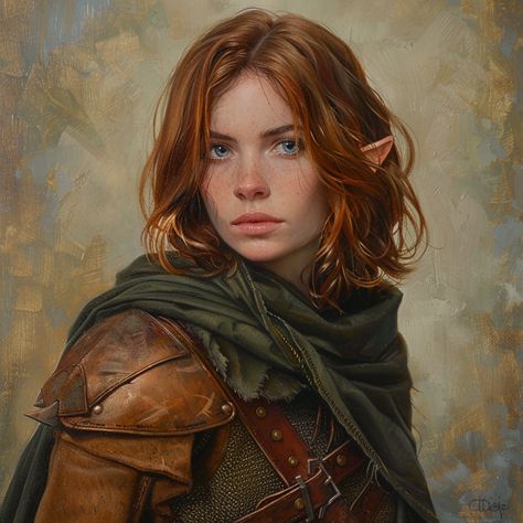 realistic oil painting of a friendly medieval fantasy female half-elf ranger with shoulder length auburn hair in a layered bob haircut, blue eyes, and small slightly pointed ears wearing leather armor, khaki pants, and a dark green cloak Half Elf Dnd, Elf Hair, Elf Ranger, Dnd Elves, Half Elf, Elf Characters, Elf Druid, Elves Fantasy, Female Elf