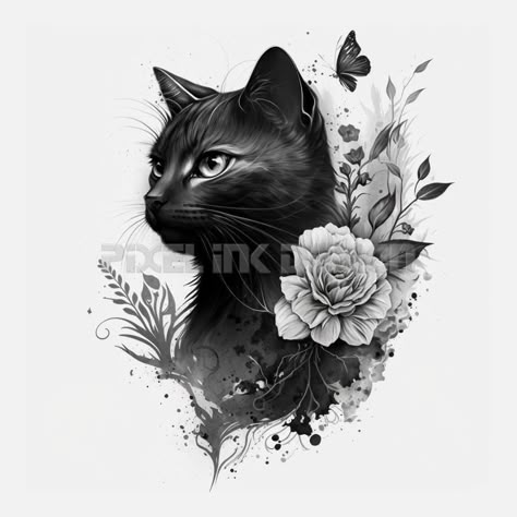 Cat Tattoo Large, Cat Tattoo Ideas Female, Cat Tattoo With Flowers, Cat With Flowers Tattoo, Unique Cat Tattoo, Cat Memorial Tattoo, Cat Portrait Tattoo, Flowers Tattoo Design, Black Cat Tattoo