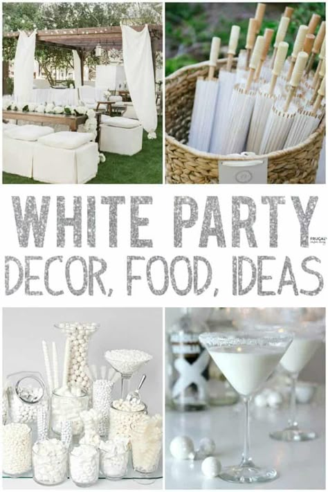 All White Wedding Shower Ideas, Hamptons White Party Theme, All White 40th Birthday Party Ideas, White Out Party Theme, Festa All White, White Themed Food, Diner En Blanc Food Ideas, White Party Decorations Birthday, All White Bachelorette Party