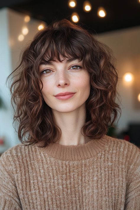 Click for More ➡️ | Save for Later ❤️A defined curly shag with wispy bangs for a fun and textured appearance. The warm cinnamon brown tone brings out depth and enhances natural curls. (Curly Mid-Length Shag with Wispy Bangs (Warm Cinnamon Brown) - Medium Length Hairstyles With Bangs) Shag With Wispy Bangs, Medium Length Hairstyles With Bangs, Curly Shag, Enhance Natural Curls, Medium Length Hairstyles, Cinnamon Brown, Brown Tone, Wispy Bangs, Natural Curls