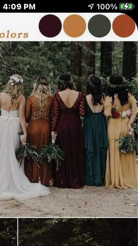 Bohemian Bridesmaid Dress, Bohemian Bridesmaid, Woodland Wedding Inspiration, Fall Wedding Color Schemes, Fall Bridesmaids, Fall Bridesmaid Dresses, Enchanted Forest Wedding, Mismatched Bridesmaid Dresses, Green Bridesmaid Dresses