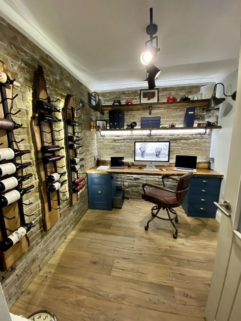 Wine Office Design, Mancave Office Ideas, Cellar Office, Live Edge Wood Desk, Wall With Led Lights, Home Office Layouts, Live Edge Desk, Building Design Plan, Rustic Home Offices