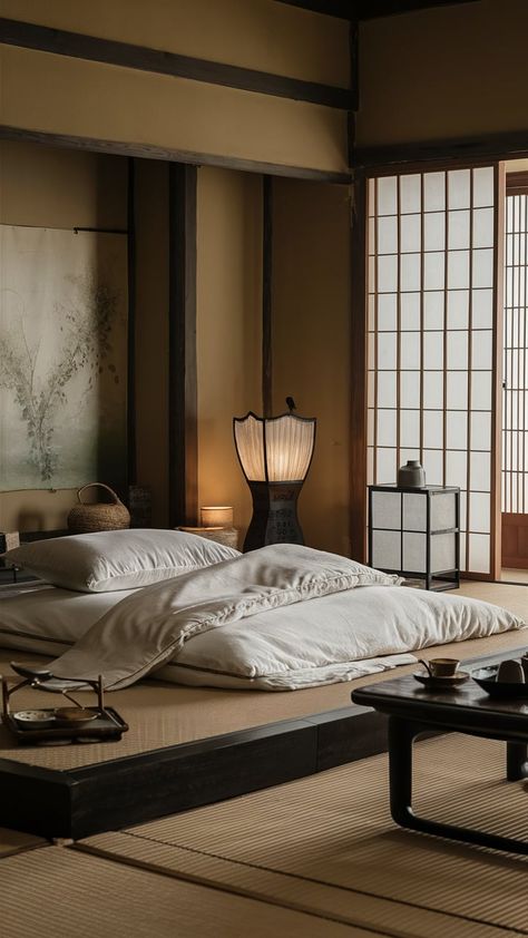 Japanese Loft Apartment, Small Japanese Room, Chinese Bedroom Ideas, Chinese House Design, Traditional Japanese Bedroom, Bedroom Japanese Style, Loft Apartment Aesthetic, Asian Inspired Bedroom, Chinese Bedroom