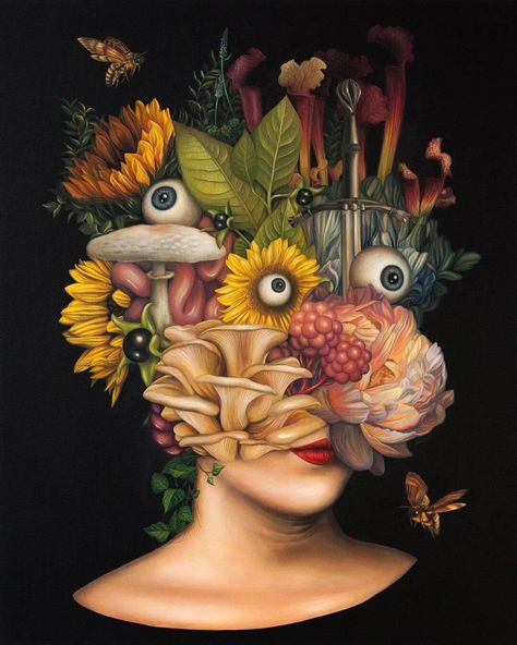 Emma Black is a visual artist whose paintings is dark yet beautiful and provide a feeling of calmness within the surreal chaos Surreal Flowers, Mask Project, Modern Surrealism, Spoke Art, One With Nature, Surrealism Painting, Lowbrow Art, Fantasy Images, Wow Art