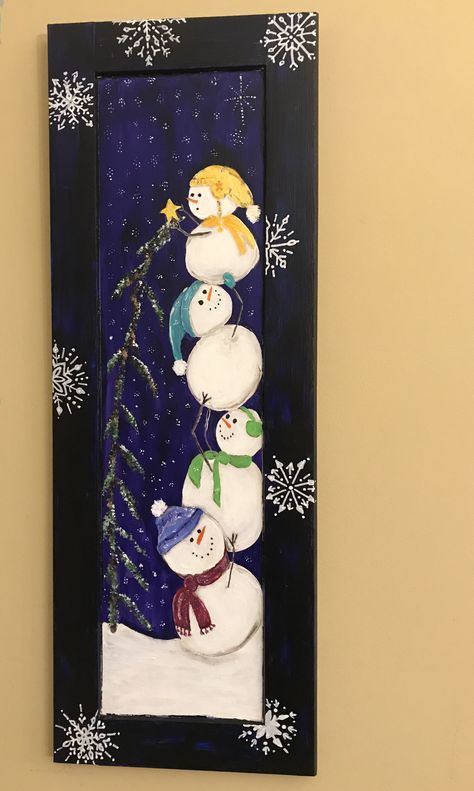 Christmas Paintings On Long Canvas, Stacked Snowmen Painting, Snowman Painting On Wood, Snowman And Tree Painting, Acrylic Paint Snowman, Snowman Acrylic Painting On Canvas, Rustic Snowman Painting, Santa Claus Crafts, Snowman Art