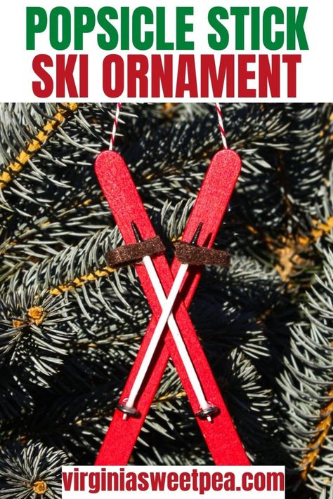 Learn how to make an adorable popsicle stick ski ornament. Christmas Crafts Kids Ornaments, Christmas Orniments, Winter Baby Shower Themes, Handmade Christmas Crafts, Crafts For Seniors, Christmas On A Budget, Popsicle Stick, Baby Shower Winter, Funky Junk