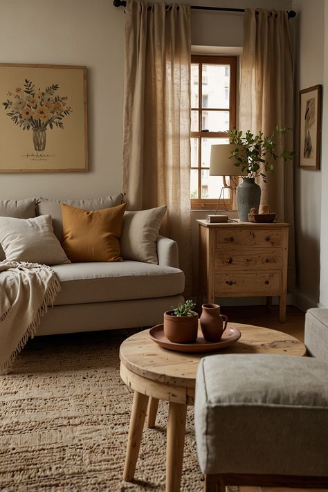 Transform your living area with the natural charm of decoracion de salas pequeñas. Use soft earthy tones, compact wooden furniture, and layered fabrics to create a cozy and inviting atmosphere. #HomeDecor #InteriorDesign #SmallSpaces #CozyLiving #EarthTones #WoodenFurniture #Warmth #DecoracionDeSalasPequeñas Earthy Tone Decor, Small Apartment Earthy Decor, Cozy Beige Living Room, Brown Home Aesthetic Living Room, Brown Earthy Living Room, Warm Neutral Living Room Earth Tones, Cozy Earthy Living Room Brown Couch, Woody Earthy Living Room, Simple Farmhouse Living Room